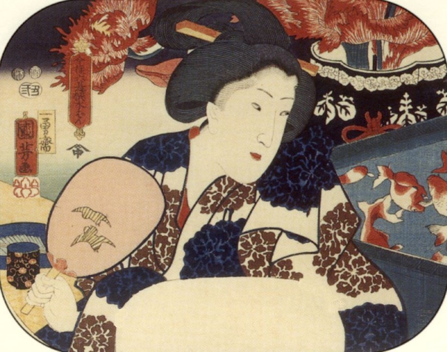 Kuniyoshi - (fan)   6 Summer Selections in Modern Style (Imayô rokkasen), Water-watcher (Mizuban), 1853