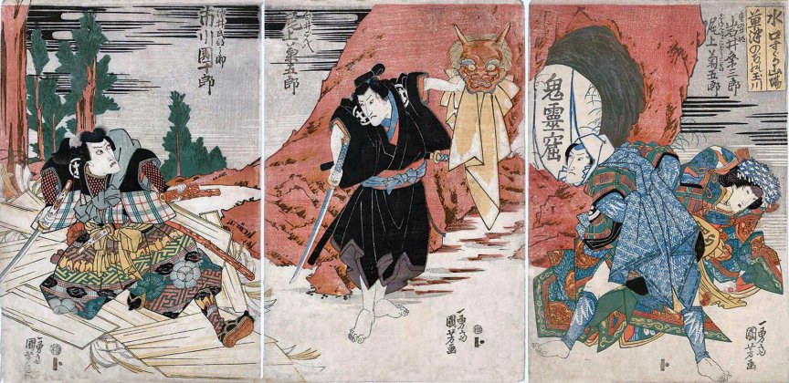Kuniyoshi - (mask, hole) L- Ichikawa Danjr VII; C- Onoe Kikugor III as Shirai Gonpachi; R- Onoe Kikugor III as Jinenjo Koz Sankichi, Iwai Kumesabur II as Shigenoi-hime in 'Hitori tabi Gojusan tsugi' (6)1827