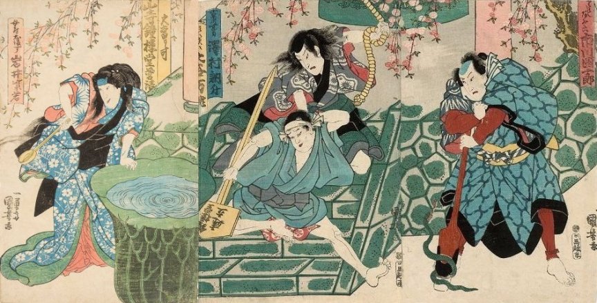 zKuniyoshi - (screen) Ichikawa Ebiz V as Shirafuji Genta (R) in 'Hanakawado migawari no dan', (9)1840, pub