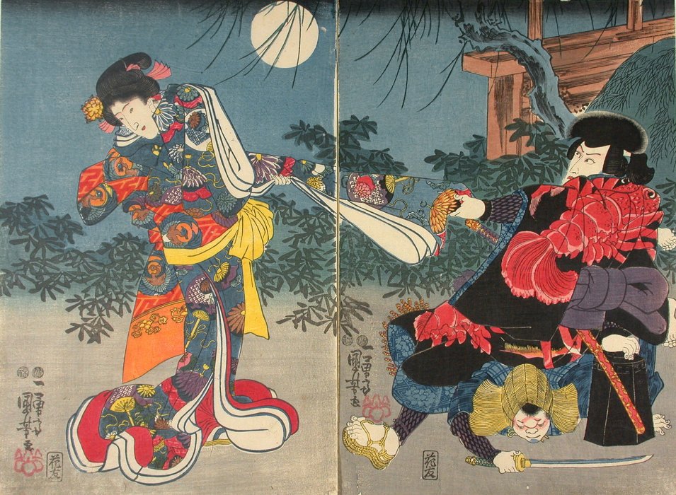 Kuniyoshi - (triptych, birds, moon) WB040(02)