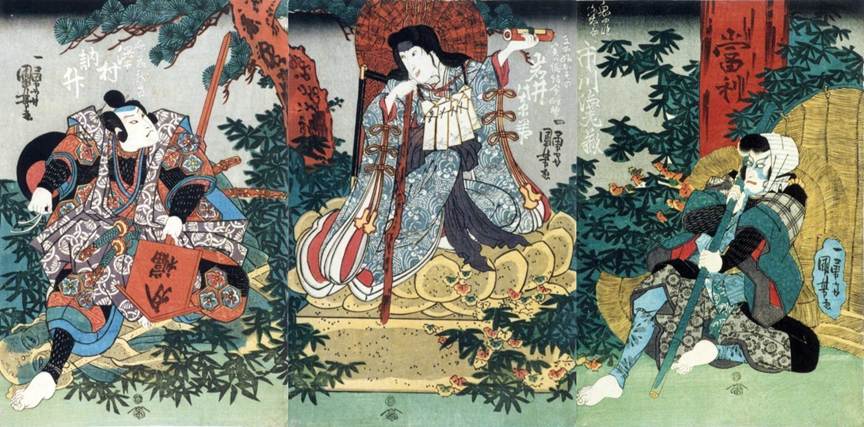 Kuniyoshi - (statue) Sawamura Tossh I as Saito Tatsuoki (L), Iwai Shijaku I (C) & Ichikawa Ebiz V (R) in 'Kaeri bana yuki no Takeda', (11)1840, 005-0462 & 63, 005-0521