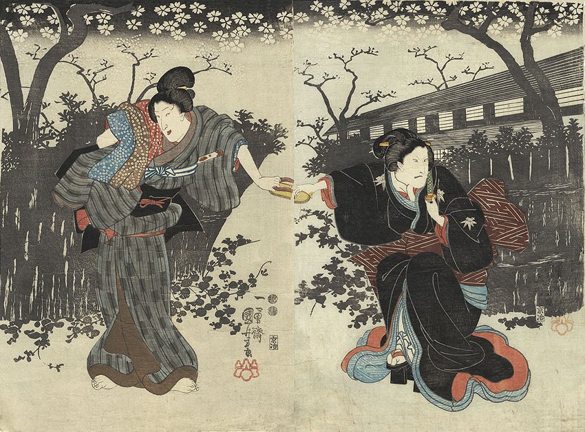 'Kagamiyama Kokyo no Nishiki-e' of the maid Ohatsu confronting Iwafuji in a garden at night, 1847-8