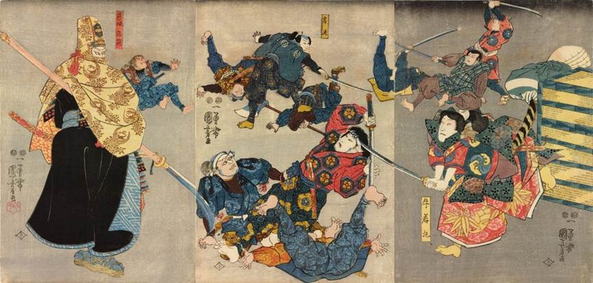 Kuniyoshi - Nakamura Utaemon IV as the bandit monk Kumasaka Chhan (left), Ichikawa Kuz II as Kichiji, and Ichikawa Kodanji IV as Ushiwakamaru in 'Tsuki no ume megumi no Kagekiyo', (1)1848
