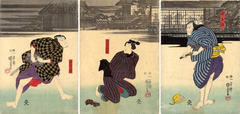Kuniyoshi - (triptych, silhouette) Three actors in their roles in the garden of a restaurant