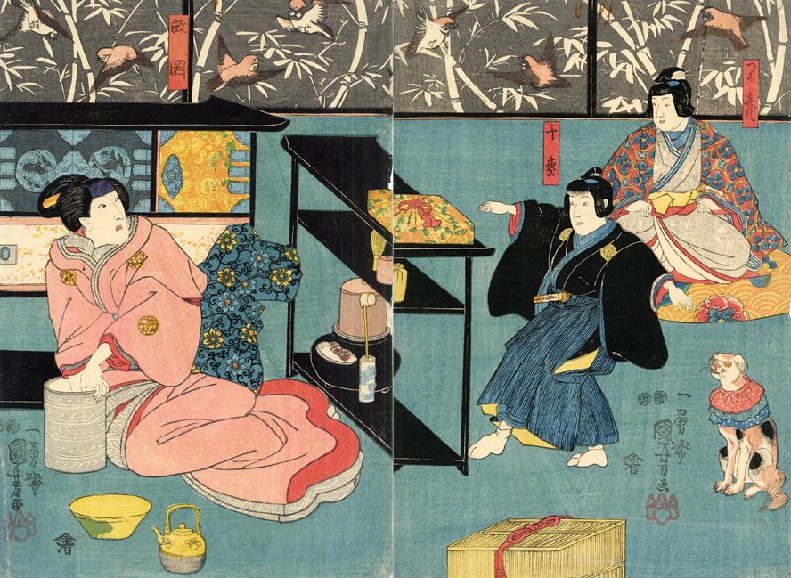 Kuniyoshi - (tb) A mother watches over her two young sons, a small dog wearing a ruff in the corner, in 'Date kurabe okuni kabuki'