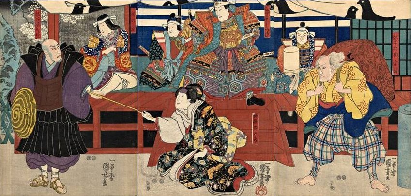 Kuniyoshi - L-Ichikawa Dannosuke V as Fujinokata, Ebiz V as Naozane; C-Ichikawa Manakotama I as Yoshitsune, Onoe Kikujir II as Kumagai nyobo Sagami; R-Band Hikosabur IV as Yaheibee Munekiyo (3)1850, 100-4870to2