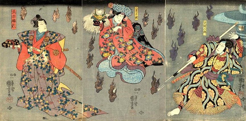 Kuniyoshi - (flames, stone lantern) Three actors in character amid falling firebrands, possibly 'Possibly Hana no yuki Takeda no kachidoki', pub