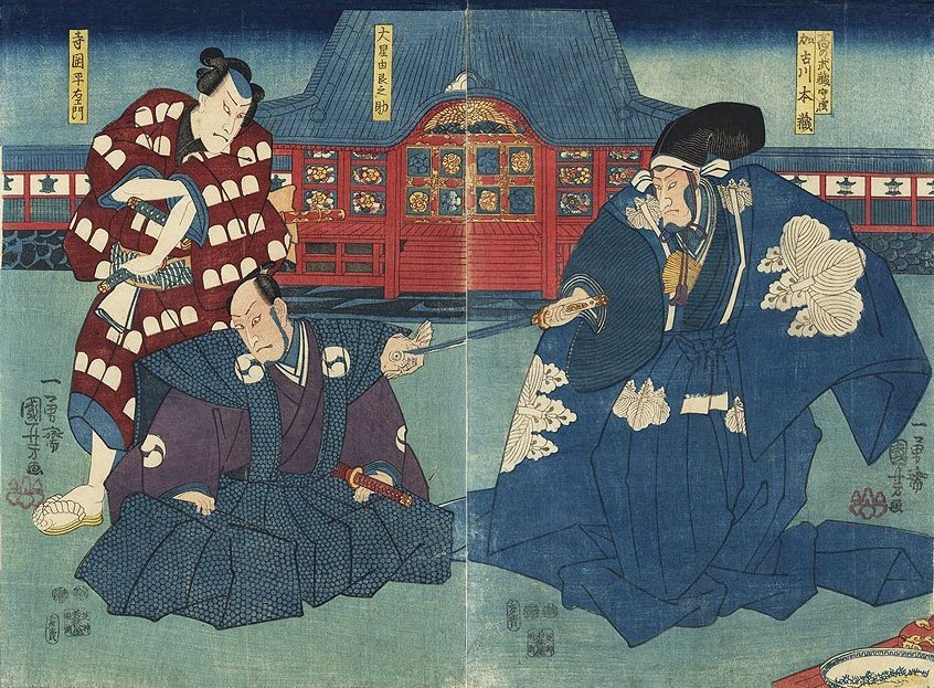 Kuniyoshi - L- Ichikawa Danjr VIII as Teraoka Heiemon (standing), Ichimura Takenoj V as boshi Yuranosuke; R- Ichikawa Kuz II as Kakogawa Honz in Kanadehon Chshingura (2)1851