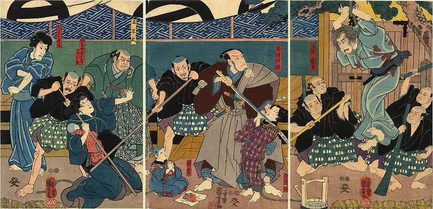 Kuniyoshi - (triptych, curtain) Attack upon the Asakura family, Asakura Shogo being trussed up on the right, (8)1851, 005-0878 & 79