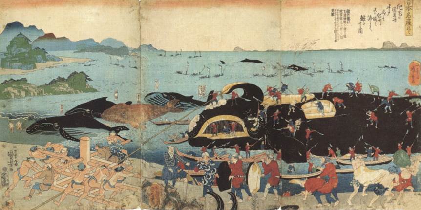 Kuniyoshi - (triptych) Famous Products of the Provinces, Butchering a Dead Whale, 1837-39