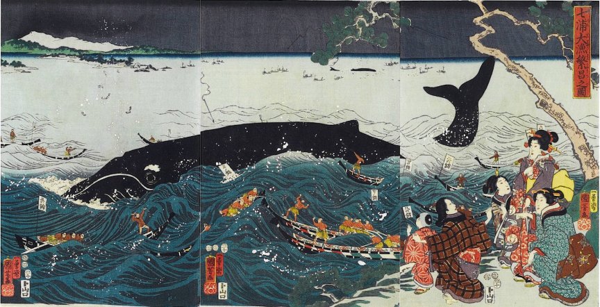 Kuniyoshi - (triptych)  Big catch and prosperity of seven bays (Nanaura tairyo hanjo no zu), 1853