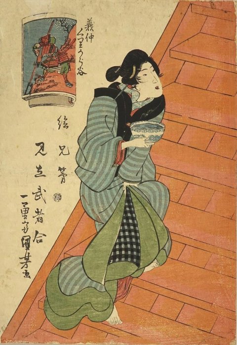 Kuniyoshi - Brother Pictures- A Select Comparison of Warriors (Ekyodai mitate musha awase), A beauty on a staircase, c