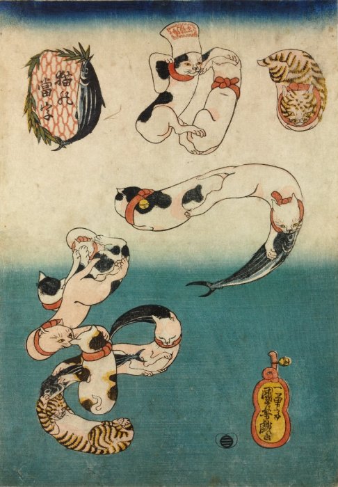 Kuniyoshi - Cat homophones [for names of fish] (R196), Bonito (katsuo)