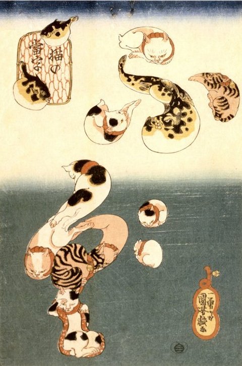 Kuniyoshi - Cat homophones [for names of fish] (R196), Cats forming characters for 'fu gu'