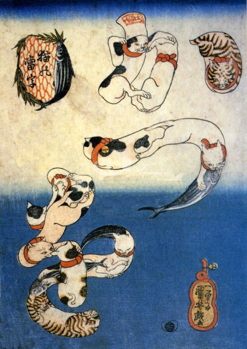 Kuniyoshi - Cat homophones [for names of fish] (R196), Bonito (katsuo)