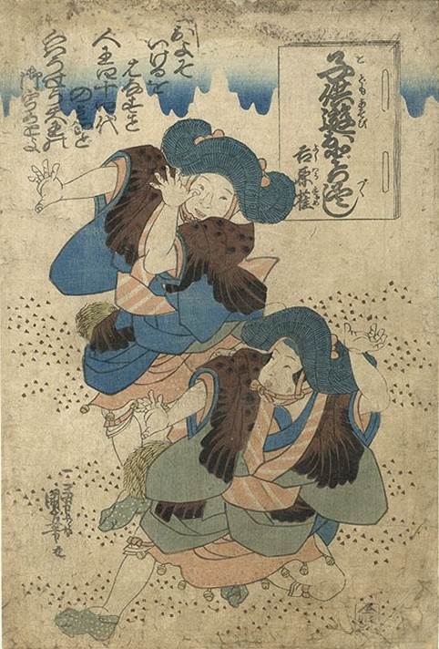 Kuniyoshi - [Children's Games] two young boys performing a dance