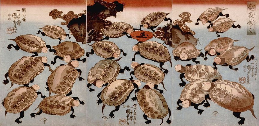 Kuniyoshi - (triptych) Strange and Wondrous Immortal Turtles (Kiki myômyô), c
