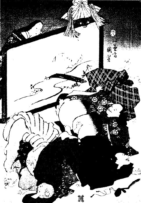 Kuniyoshi - Humorous Portrayal of 6 Immortal Poets (Giga rokkasen], 1858(8), pub Koga-ya Katsugorô, get description