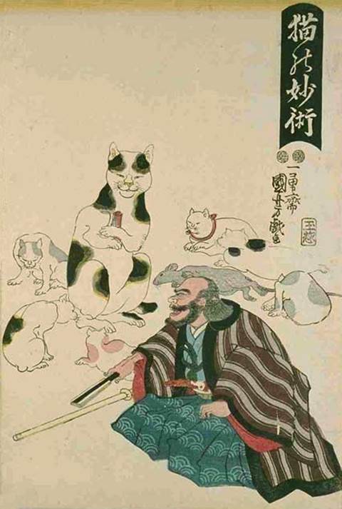 Kuniyoshi - (Dôke ken nan de mo kan de mo) oban, conversation between a tiger, a toad and a fox