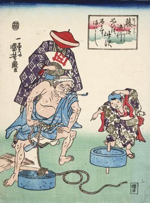 Kuniyoshi - unidentified series of spinning tops, Turning The Stone Mill