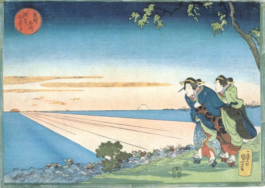 Kuniyoshi - Celebrated Views of the Eastern Capital (Tto meisho), New Year's Sunrise Susaki (Susaki shonichi deru no zu)