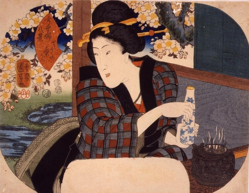Kuniyoshi - (fan) Eight Views of Women of the Modern World (Imayô hakkei), a woman with a sake bottle