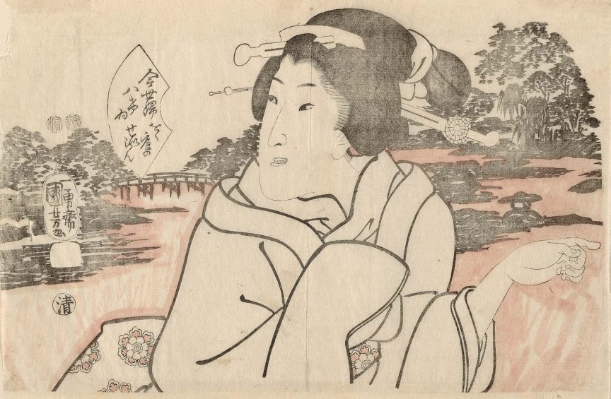 Kuniyoshi - (fan) Eight Views of Women of the Modern World (Imayô hakkei), key+block with hand-applied colour, Hakkei