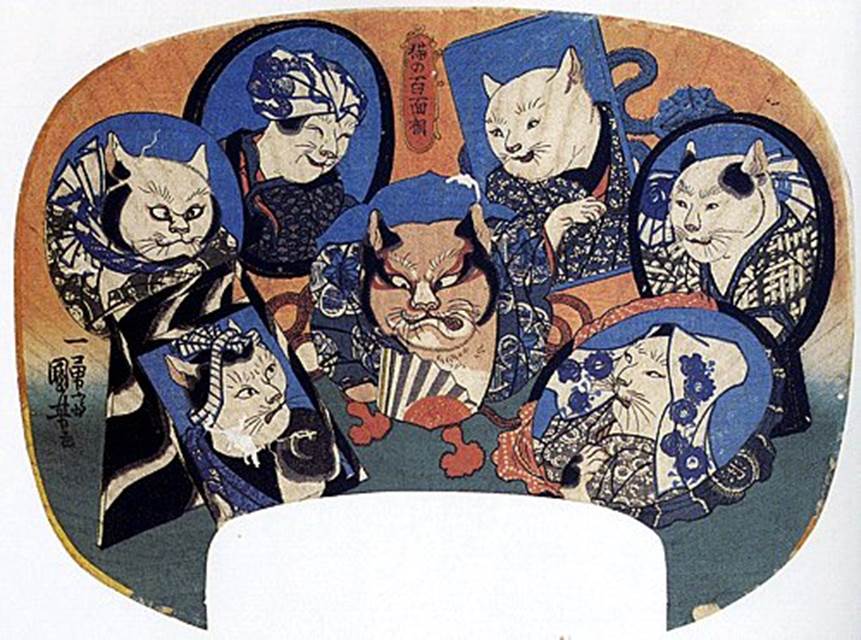 Kuniyoshi - (fan) A collection of cats (Nekotsuruken), c