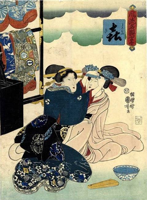 Kuniyoshi - Fashionable Series of Important Characters (Fury nagashira jizukushi) R127, A lady with razor trimming eyebrows of a lady in white 