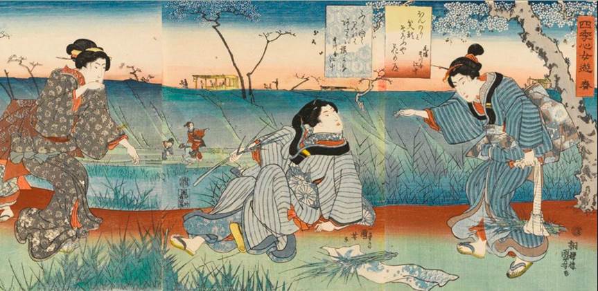 Kuniyoshi - (chûban) Feminine Pleasures of the Four Seasons (Shiki no kokoro onna asobi), Spring, picking bullrush (Alt