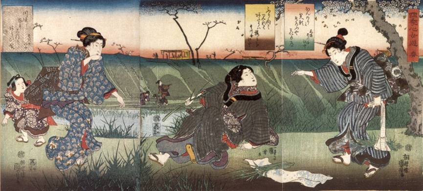 Kuniyoshi - (chûban) Feminine Pleasures of the Four Seasons (Shiki no kokoro onna asobi), Spring, picking bullrush