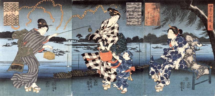 Kuniyoshi - (chûban) Feminine Pleasures of the Four Seasons (Shiki no kokoro onna asobi), Summer (Natsu) at the Summida River, pub