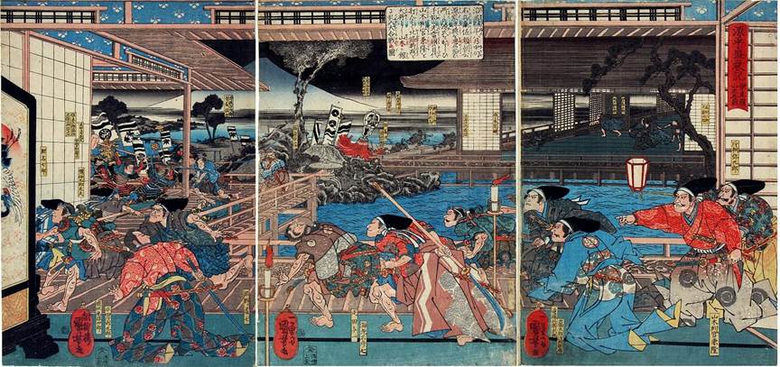 Kuniyoshi - (T123) History of the Ups & Downs of the Minamoto & Taira, Yoritomo's Attack on the Yamaki Palace