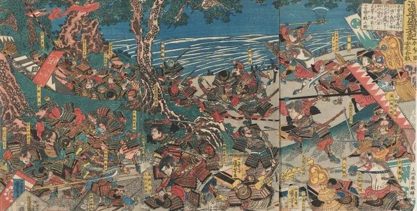 Kuniyoshi - (T60) The battle of Ataka in Kaga Province, with Tomoye-gozen and Yamabuki, the warrior-mistress and wife, respectively, of Yoshinaka, attacking the Taira under Kagekiyo in 1183