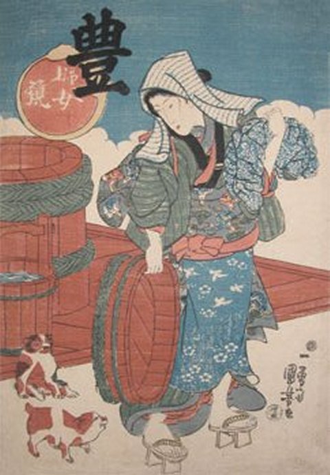Kuniyoshi - Mirror of Women (R151), Toyo, woman with puppies