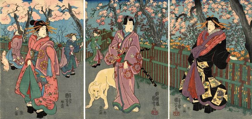 Kuniyoshi - Prince Genji and his dog, between two courtesans, under blossoming cherry trees, 1854, pub