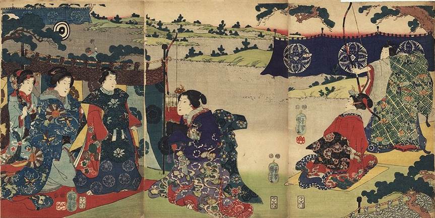 Kuniyoshi - (triptych) Archery by a court noble, watched by a young prince and court ladies, c