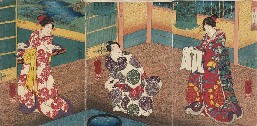 Kuniyoshi - Murasaki’s Edo (Edo murasaki), Prince Genji washing his hands (centre) with two women in attendance