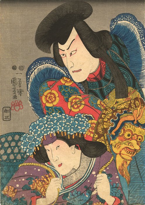 Kuniyoshi -  (double actor portraits) Ichikawa Danjuro VIII as Yoshikado & Onoe Kikujiro II as Kikyo-no-mae in 'Azuma Dairihana Yoshikado', 1848, pub