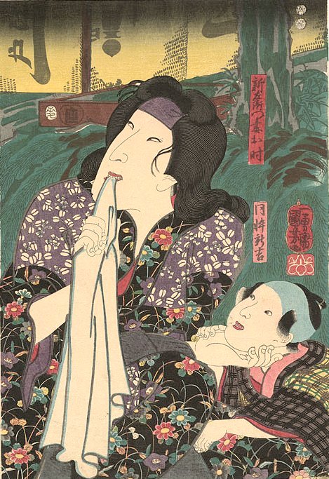 Kuniyoshi - Actors as Otoki (wife of Oni Shinzaemon) and her son, Shinkichi