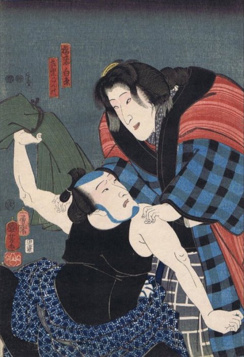 Kuniyoshi - Band Shka I as Hashimotoya Shiraito in 'Sumidagawa tsui no kagamon', Pub