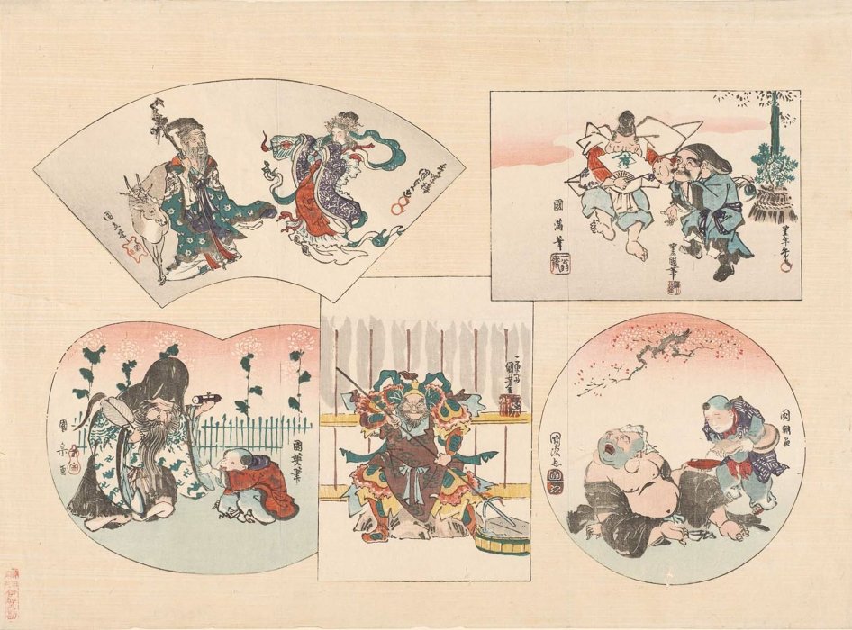 This untitled harimaze portrays the seven gods of good luck and bears the signatures of 10 different artists