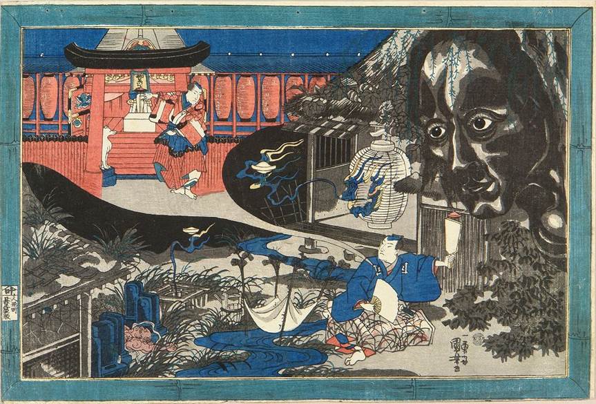 Takezawa Toji at the Inari Shrine creating visins of the head of Kasane, ghost of Oiwa & Okiku with tops, pub