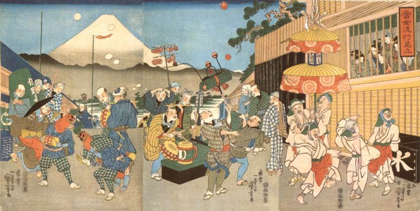 Kuniyoshi - (triptych) The Street Performers Assembled to Wish a Happy New Year, c