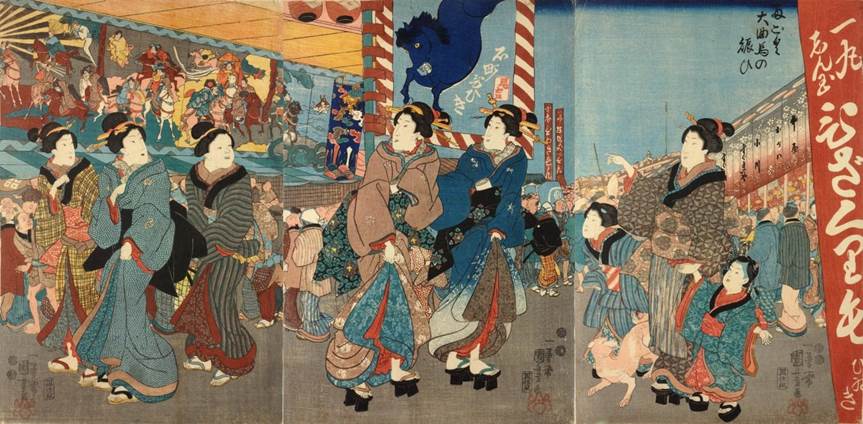 Kuniyoshi - Crowds at the Horse Riding Stunts at Ryogoku (Ryogoku daikyokuba no nigiwai), 1851-3, Pub