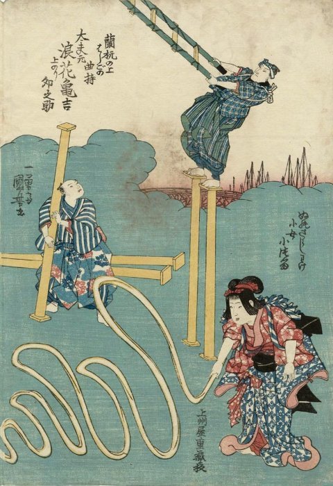 Kuniyoshi - Acrobatics by Naniwa Kamekichi, Unosuke & Kotsuru, 1842, oban