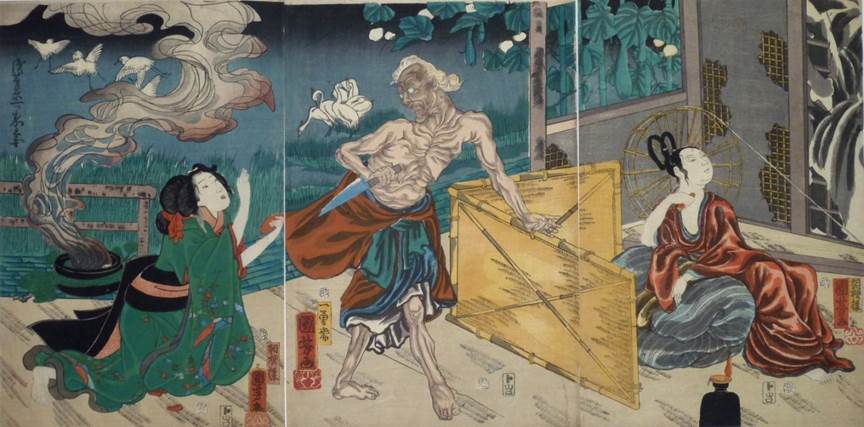 Kuniyoshi - (T318) The Lonely House story- the Hag (center) with a suppliant female victim and the appearance of the goddess Kwannon (right) behind a screen