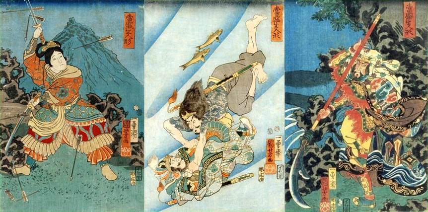 Kuniyoshi - Modern Lifesized Dolls (Tôsei iki ningyô) (2)1856, Kosanryô Ichijôsei (L), Tammeijirô Genshôgo (C) & Daitô Kwanshô (R)