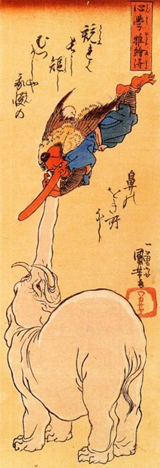 Kuniyoshi - ' Don't be conceited', Elephant catching a flying tengu 