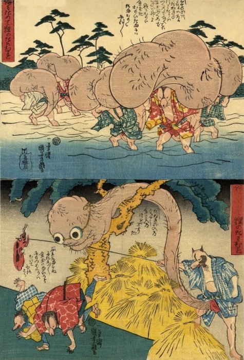 Kuniyoshi - More fun with Raccoon Dogs (Aratamete tanuki no tawamure), River Crossing (Kawa watari) & Rokurokkubi (a long-necked monster)